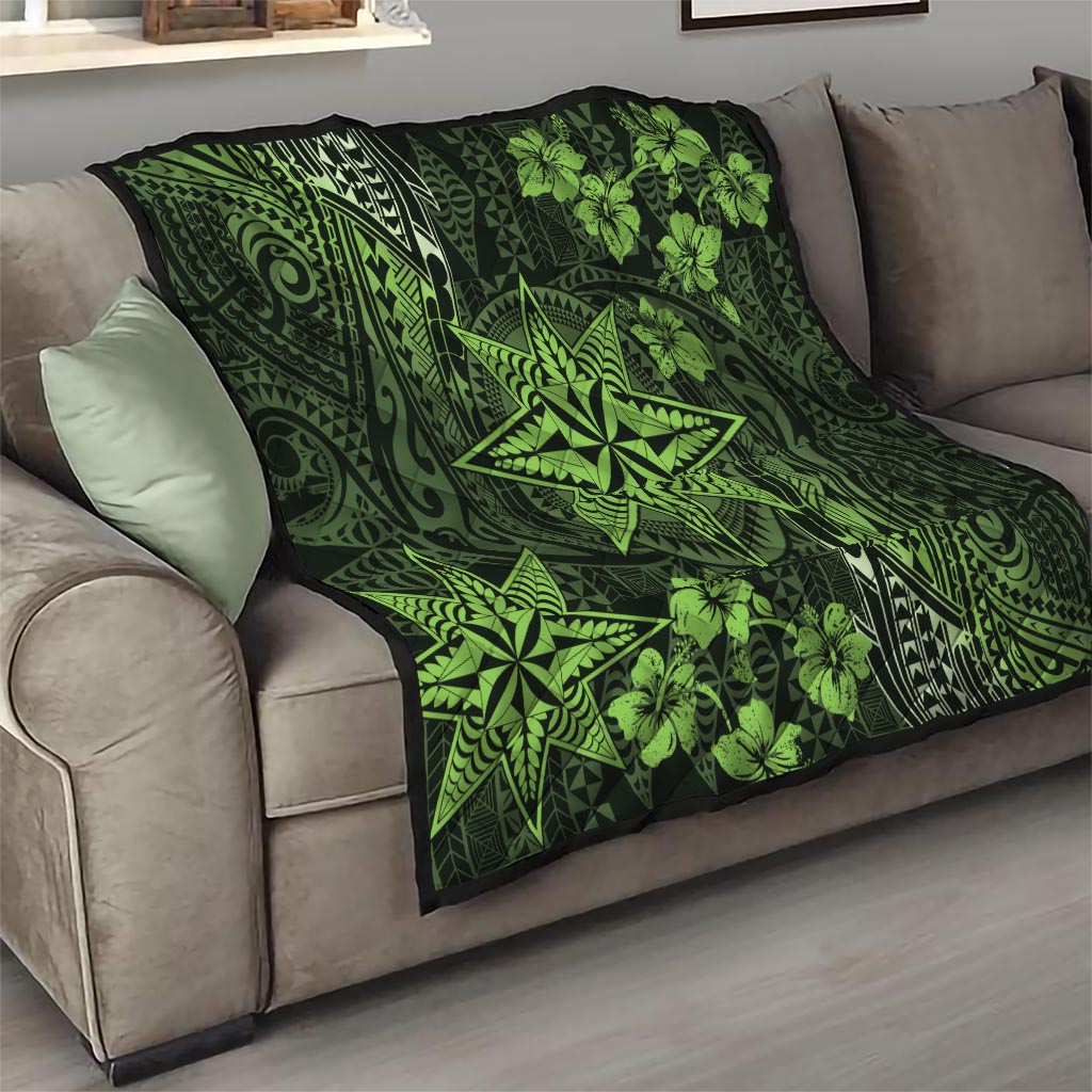 Vintage Tonga Tribal Ngatu Pattern Quilt With Pacific Floral Lime Green Art LT9 - Polynesian Pride