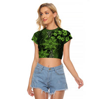 Vintage Tonga Tribal Ngatu Pattern Raglan Cropped T Shirt With Pacific Floral Lime Green Art LT9 Female Lime Green - Polynesian Pride