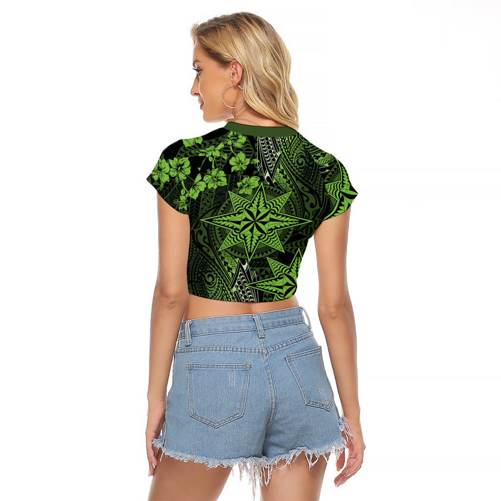 Vintage Tonga Tribal Ngatu Pattern Raglan Cropped T Shirt With Pacific Floral Lime Green Art LT9 - Polynesian Pride