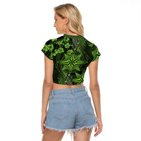 Vintage Tonga Tribal Ngatu Pattern Raglan Cropped T Shirt With Pacific Floral Lime Green Art LT9 - Polynesian Pride