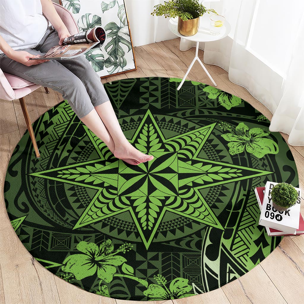 Vintage Tonga Tribal Ngatu Pattern Round Carpet With Pacific Floral Lime Green Art LT9 - Polynesian Pride