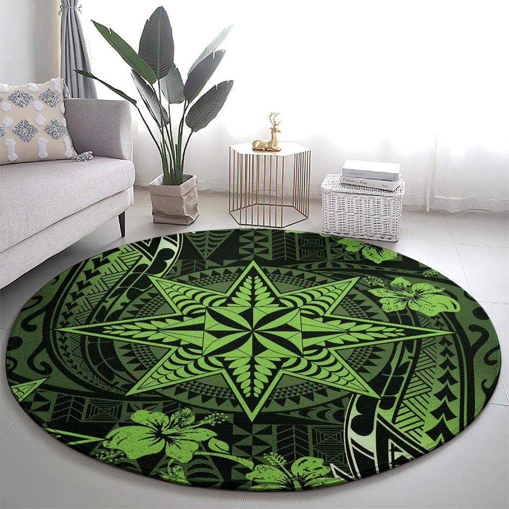 Vintage Tonga Tribal Ngatu Pattern Round Carpet With Pacific Floral Lime Green Art LT9 - Polynesian Pride