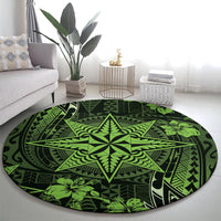 Vintage Tonga Tribal Ngatu Pattern Round Carpet With Pacific Floral Lime Green Art LT9 - Polynesian Pride