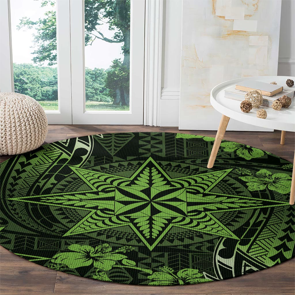 Vintage Tonga Tribal Ngatu Pattern Round Carpet With Pacific Floral Lime Green Art LT9 - Polynesian Pride