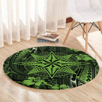 Vintage Tonga Tribal Ngatu Pattern Round Carpet With Pacific Floral Lime Green Art LT9 - Polynesian Pride