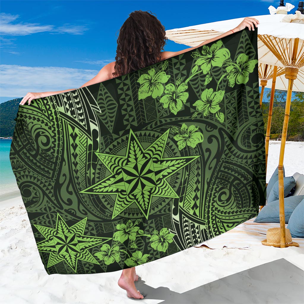Vintage Tonga Tribal Ngatu Pattern Sarong With Pacific Floral Lime Green Art LT9 One Size 44 x 66 inches Lime Green - Polynesian Pride