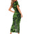 Vintage Tonga Tribal Ngatu Pattern Short Sleeve Bodycon Dress With Pacific Floral Lime Green Art