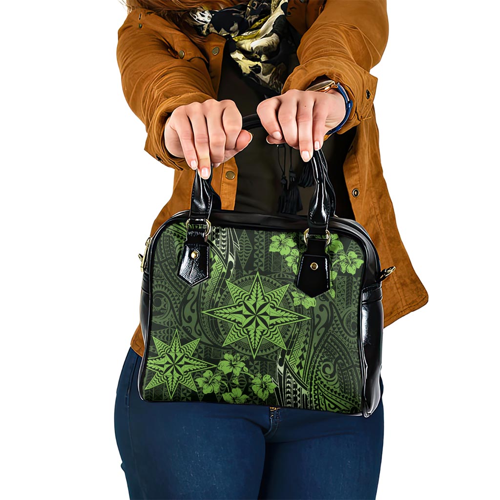 Vintage Tonga Tribal Ngatu Pattern Shoulder Handbag With Pacific Floral Lime Green Art LT9 One Size Lime Green - Polynesian Pride