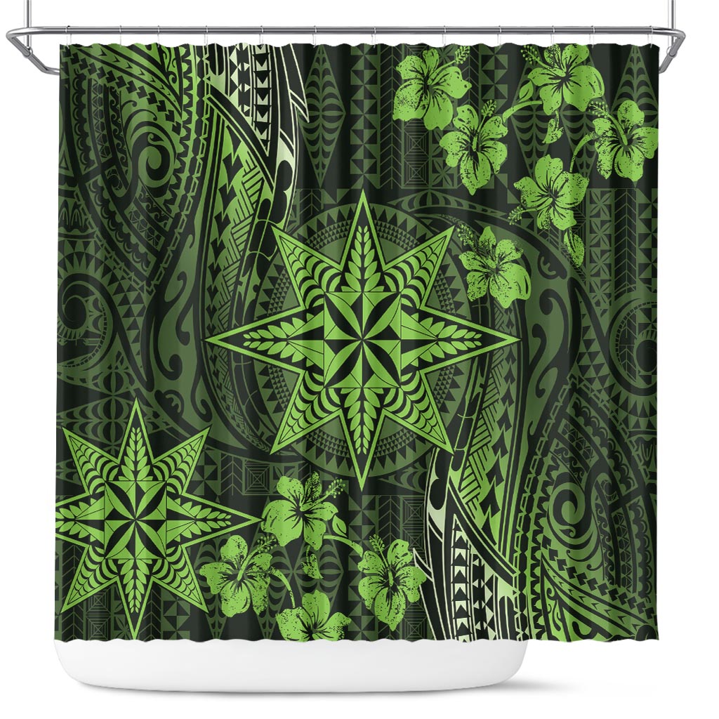 Vintage Tonga Tribal Ngatu Pattern Shower Curtain With Pacific Floral Lime Green Art LT9 Lime Green - Polynesian Pride