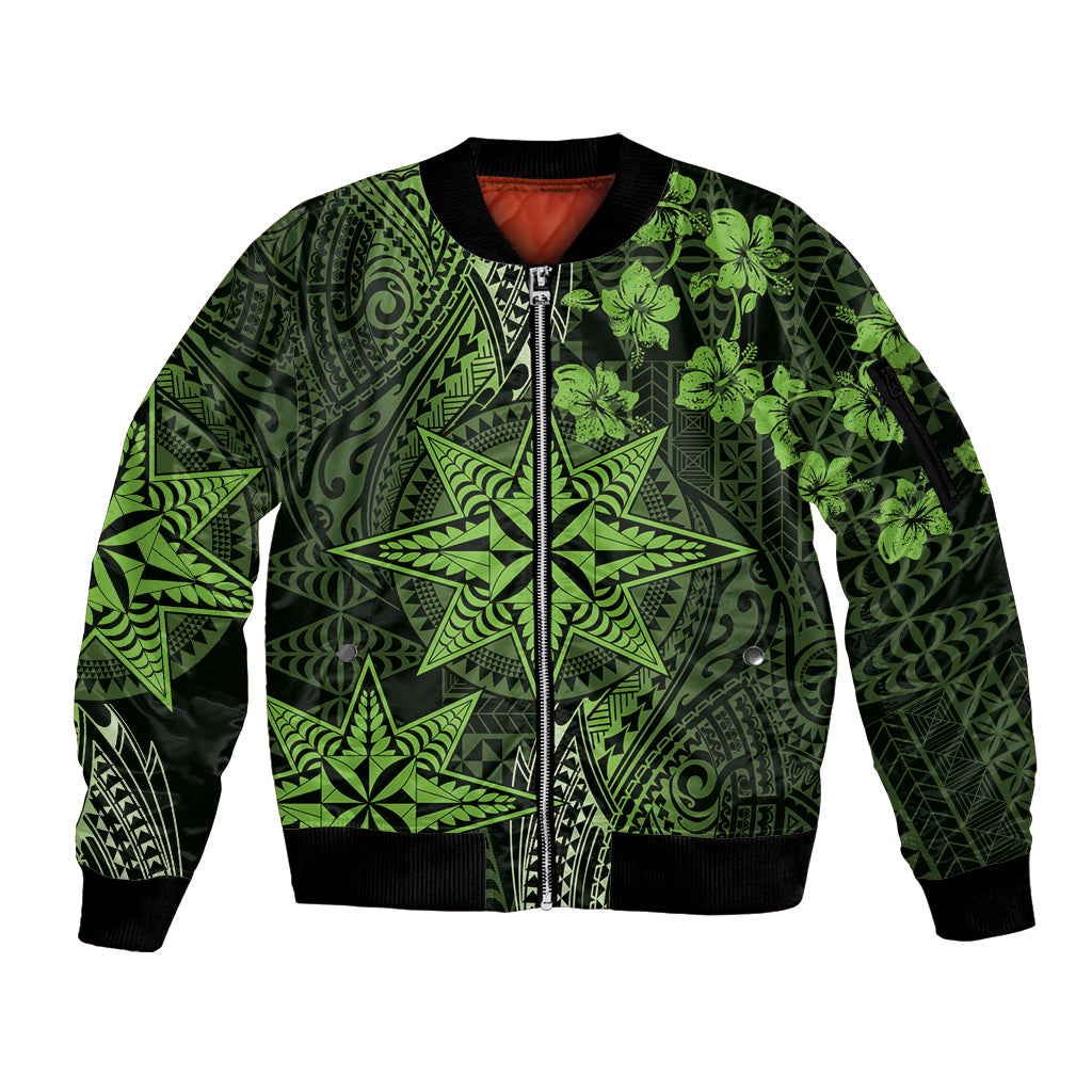 Vintage Tonga Tribal Ngatu Pattern Sleeve Zip Bomber Jacket With Pacific Floral Lime Green Art LT9 Unisex Lime Green - Polynesian Pride