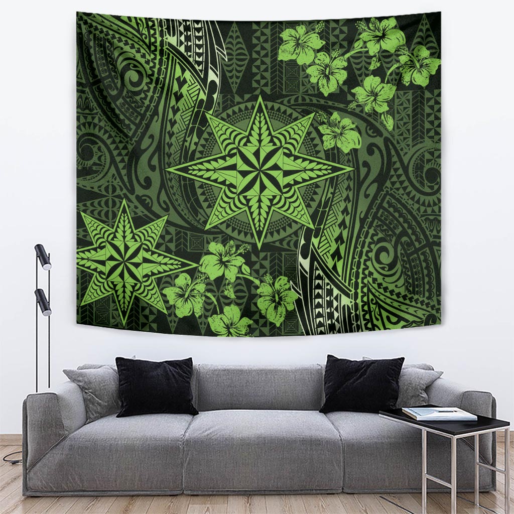 Vintage Tonga Tribal Ngatu Pattern Tapestry With Pacific Floral Lime Green Art LT9 Lime Green - Polynesian Pride