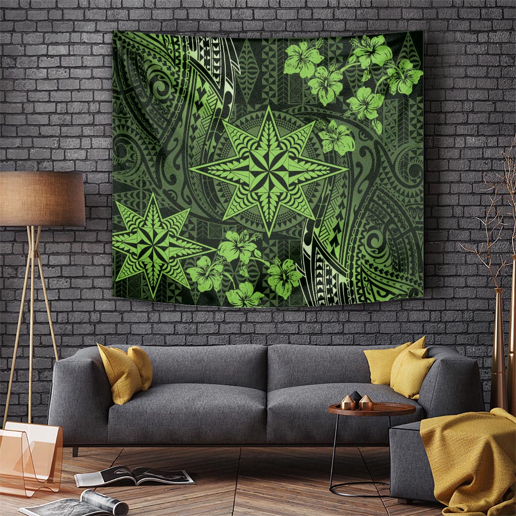 Vintage Tonga Tribal Ngatu Pattern Tapestry With Pacific Floral Lime Green Art LT9 - Polynesian Pride