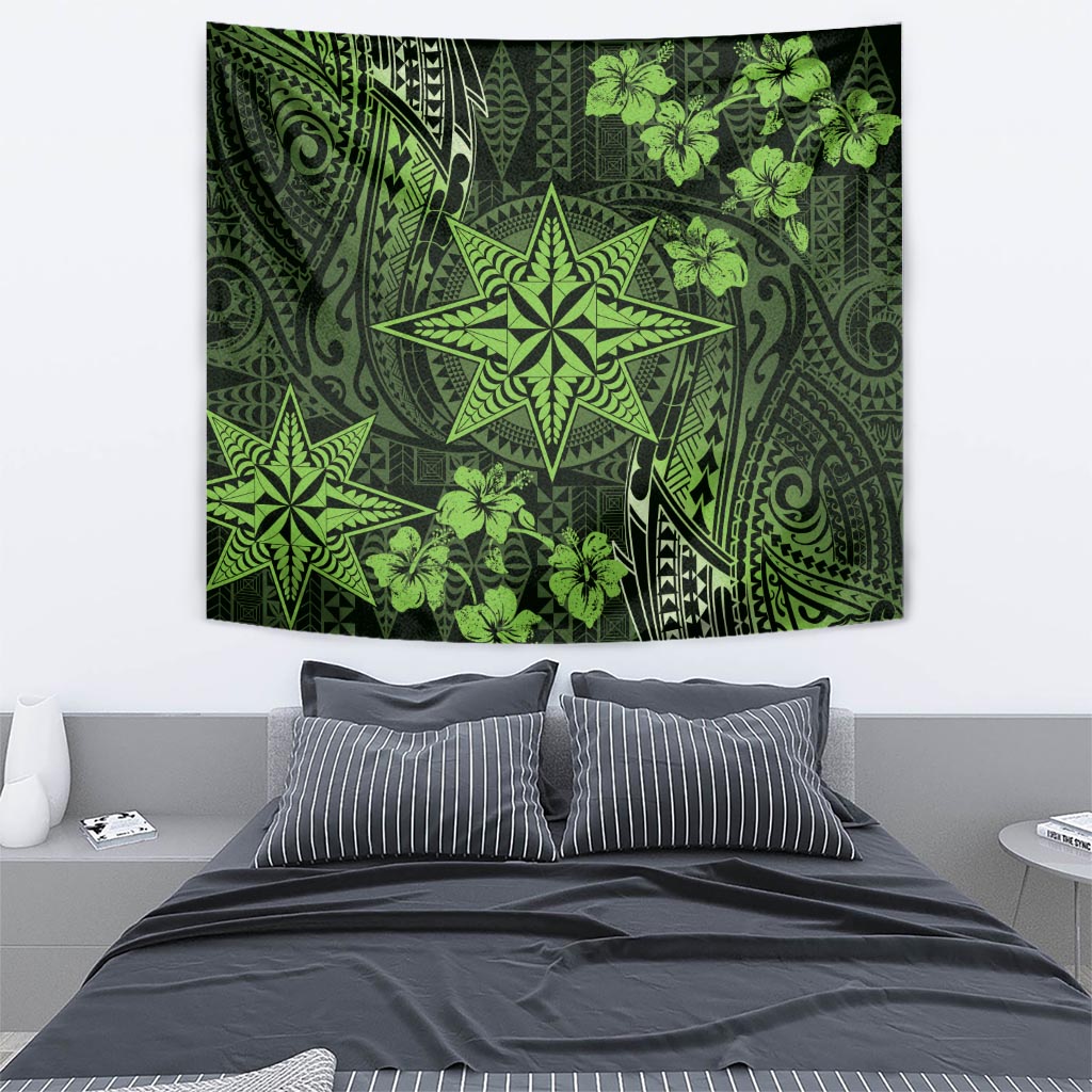Vintage Tonga Tribal Ngatu Pattern Tapestry With Pacific Floral Lime Green Art LT9 - Polynesian Pride