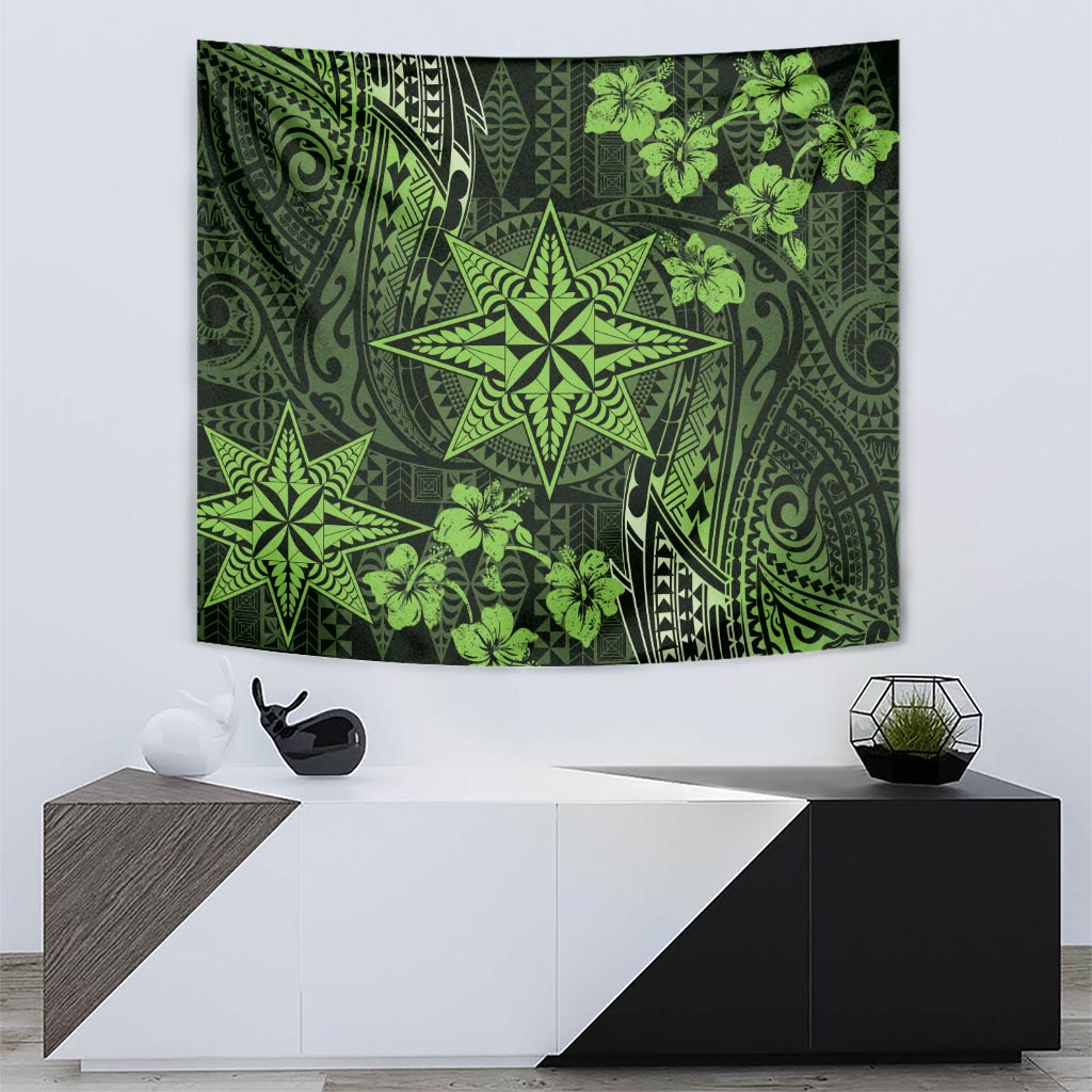 Vintage Tonga Tribal Ngatu Pattern Tapestry With Pacific Floral Lime Green Art LT9 - Polynesian Pride