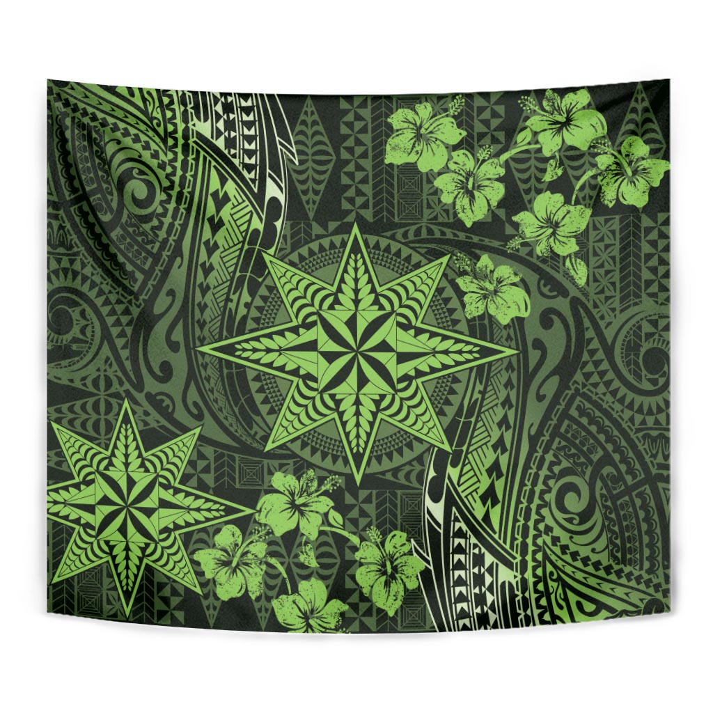 Vintage Tonga Tribal Ngatu Pattern Tapestry With Pacific Floral Lime Green Art LT9 - Polynesian Pride