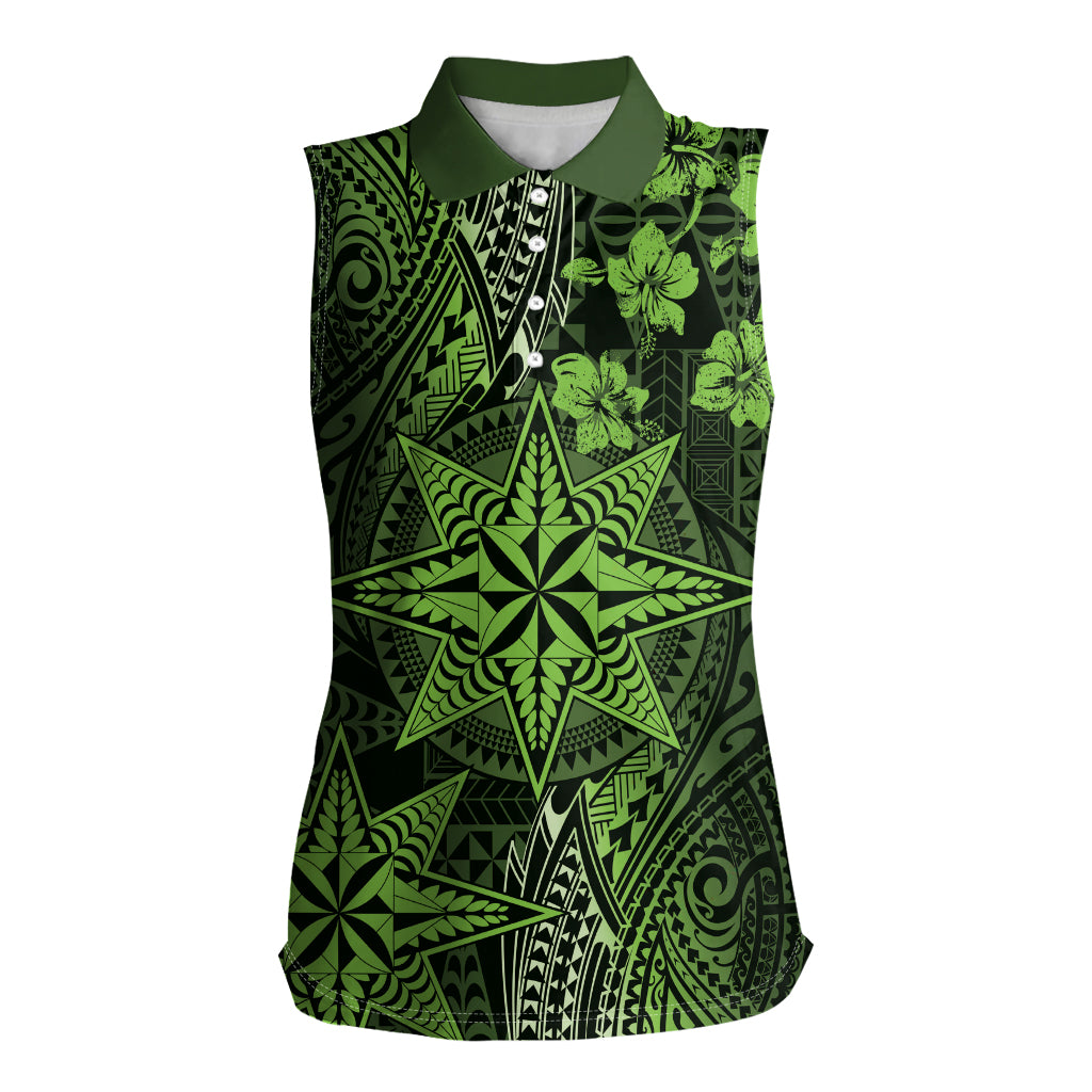 Vintage Tonga Tribal Ngatu Pattern Women Sleeveless Polo Shirt With Pacific Floral Lime Green Art