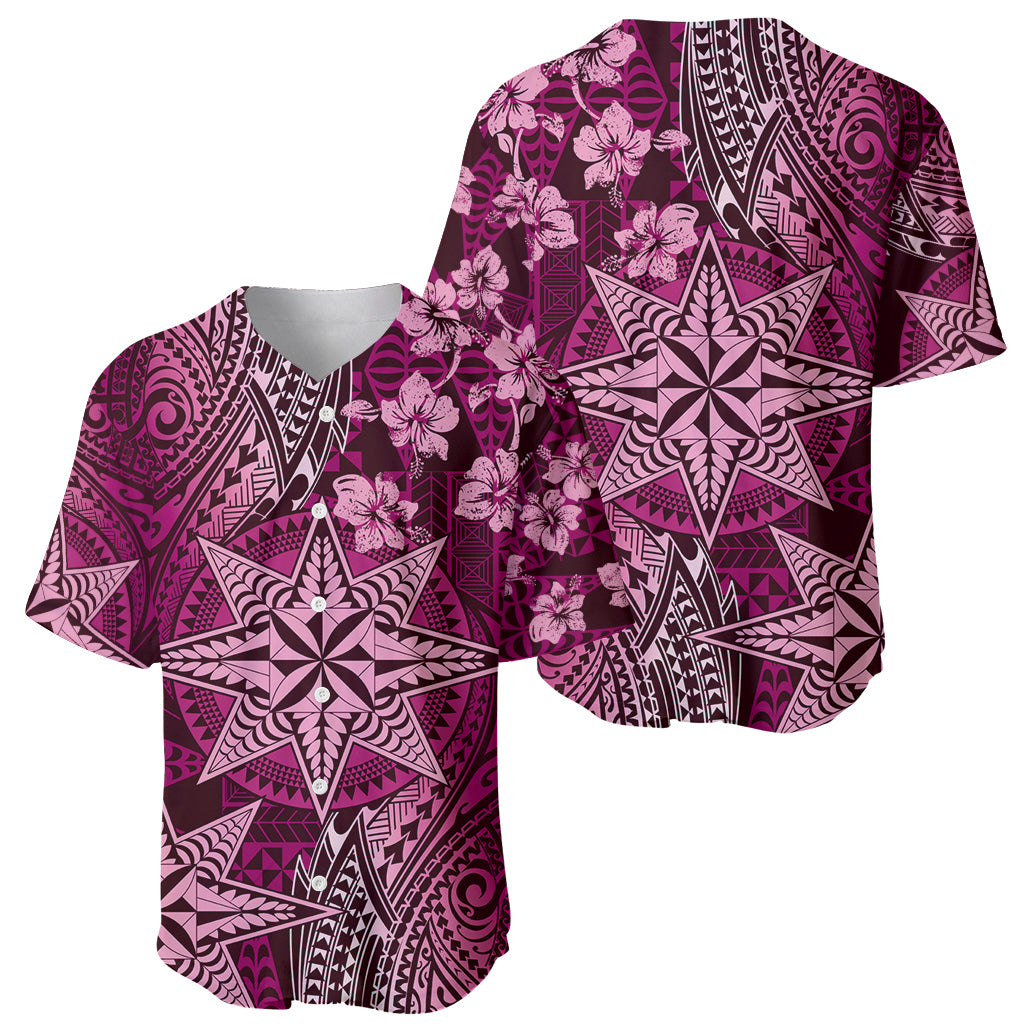 Vintage Tonga Tribal Ngatu Pattern Baseball Jersey With Pacific Floral Pink Art LT9 - Polynesian Pride