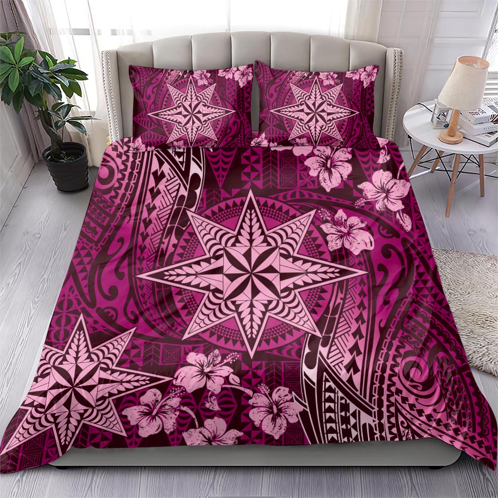 Vintage Tonga Tribal Ngatu Pattern Bedding Set With Pacific Floral Pink Art LT9 - Polynesian Pride