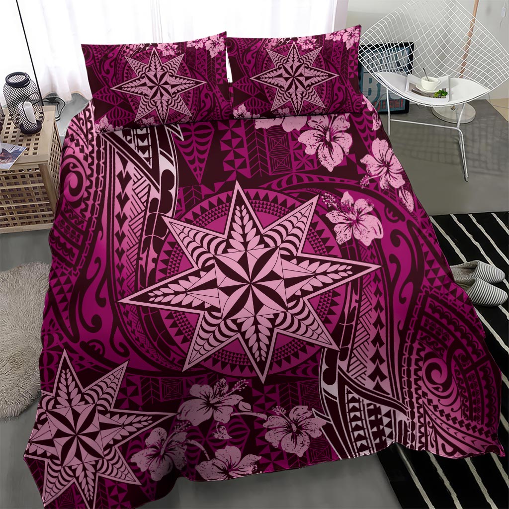 Vintage Tonga Tribal Ngatu Pattern Bedding Set With Pacific Floral Pink Art LT9 - Polynesian Pride