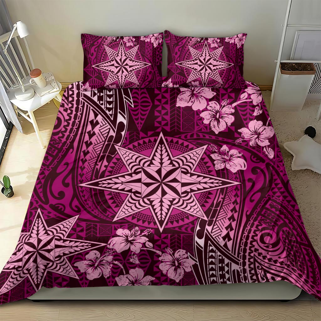 Vintage Tonga Tribal Ngatu Pattern Bedding Set With Pacific Floral Pink Art LT9 - Polynesian Pride