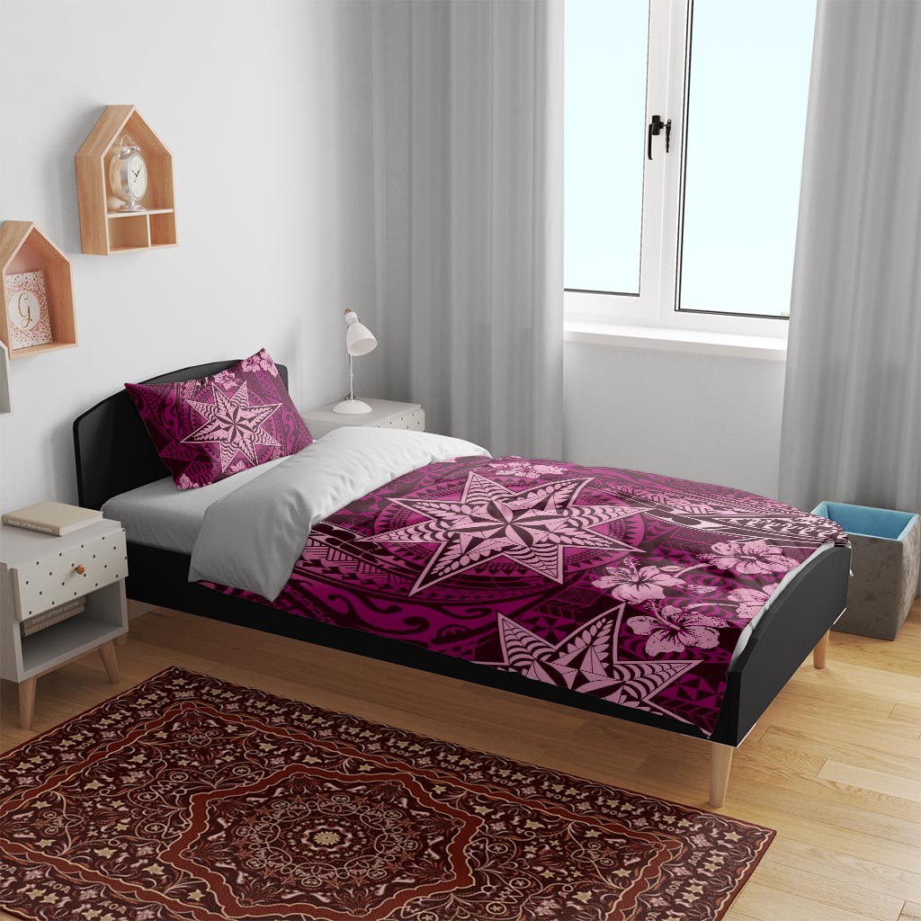 Vintage Tonga Tribal Ngatu Pattern Bedding Set With Pacific Floral Pink Art LT9 - Polynesian Pride