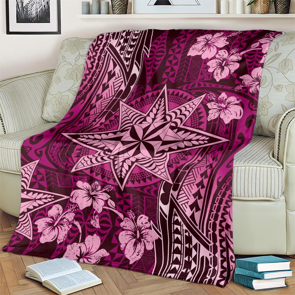 Vintage Tonga Tribal Ngatu Pattern Blanket With Pacific Floral Pink Art LT9 - Polynesian Pride