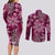 Vintage Tonga Tribal Ngatu Pattern Couples Matching Long Sleeve Bodycon Dress and Long Sleeve Button Shirt With Pacific Floral Pink Art