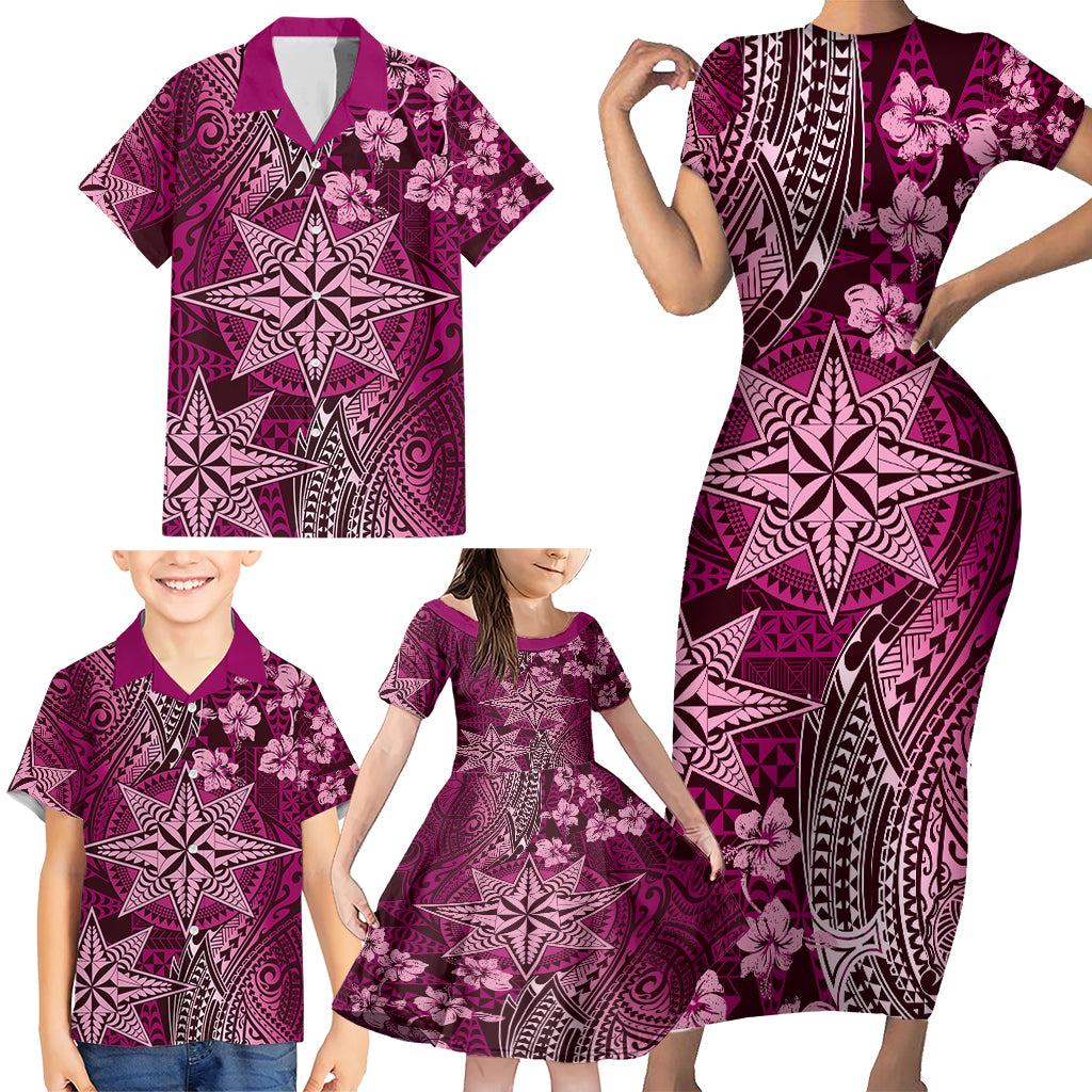 Vintage Tonga Tribal Ngatu Pattern Family Matching Short Sleeve Bodycon Dress and Hawaiian Shirt With Pacific Floral Pink Art