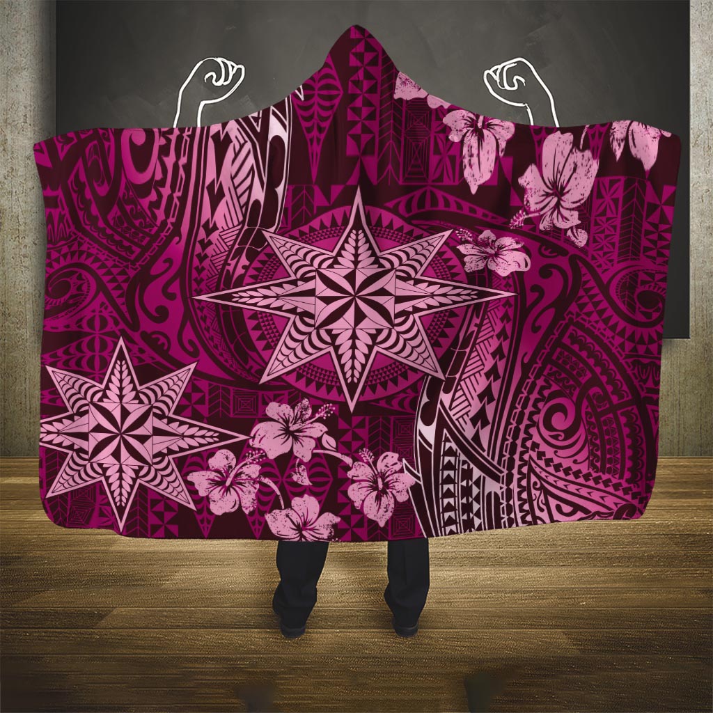 Vintage Tonga Tribal Ngatu Pattern Hooded Blanket With Pacific Floral Pink Art LT9 One Size Pink - Polynesian Pride