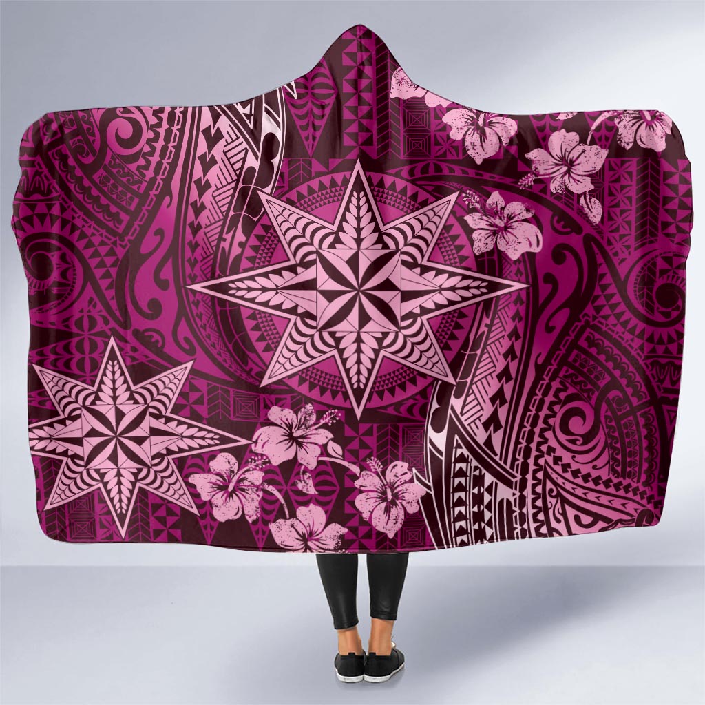 Vintage Tonga Tribal Ngatu Pattern Hooded Blanket With Pacific Floral Pink Art LT9 - Polynesian Pride