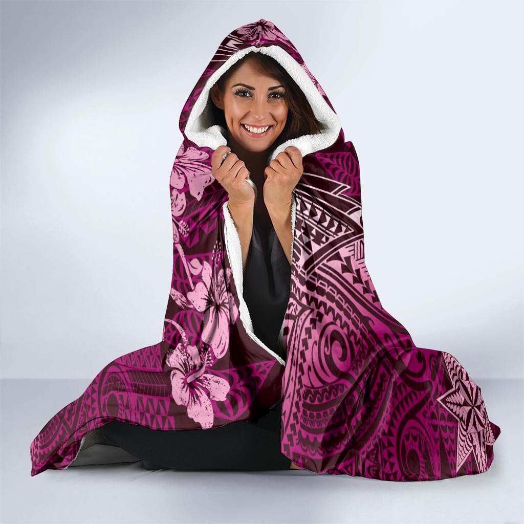 Vintage Tonga Tribal Ngatu Pattern Hooded Blanket With Pacific Floral Pink Art LT9 - Polynesian Pride