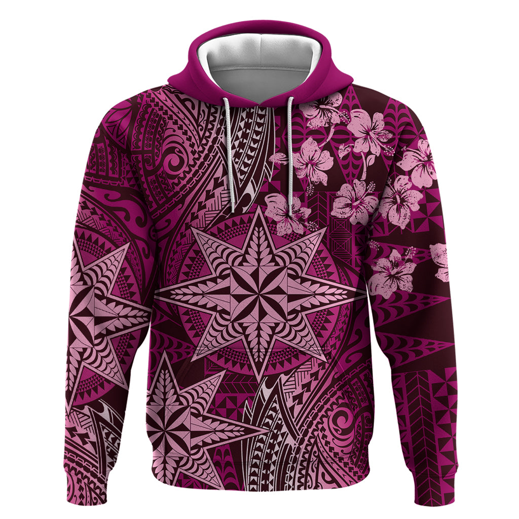 Vintage Tonga Tribal Ngatu Pattern Hoodie With Pacific Floral Pink Art LT9 Pullover Hoodie Pink - Polynesian Pride