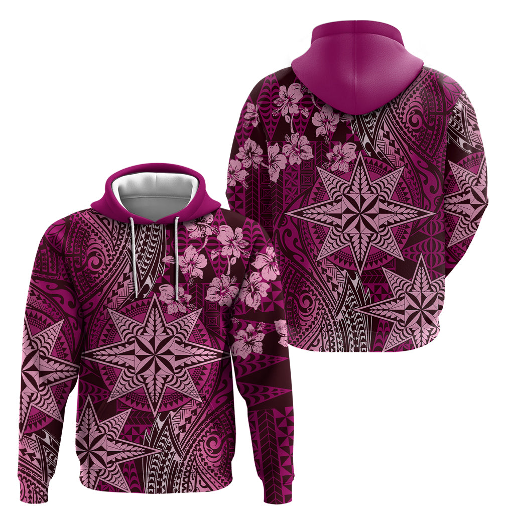 Vintage Tonga Tribal Ngatu Pattern Hoodie With Pacific Floral Pink Art LT9 - Polynesian Pride