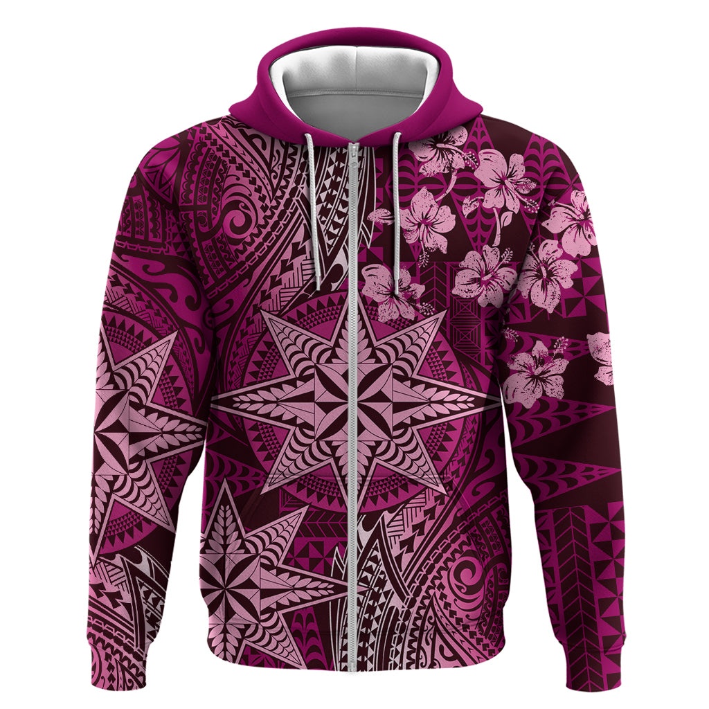 Vintage Tonga Tribal Ngatu Pattern Hoodie With Pacific Floral Pink Art LT9 Zip Hoodie Pink - Polynesian Pride