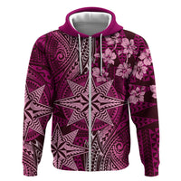 Vintage Tonga Tribal Ngatu Pattern Hoodie With Pacific Floral Pink Art LT9 Zip Hoodie Pink - Polynesian Pride