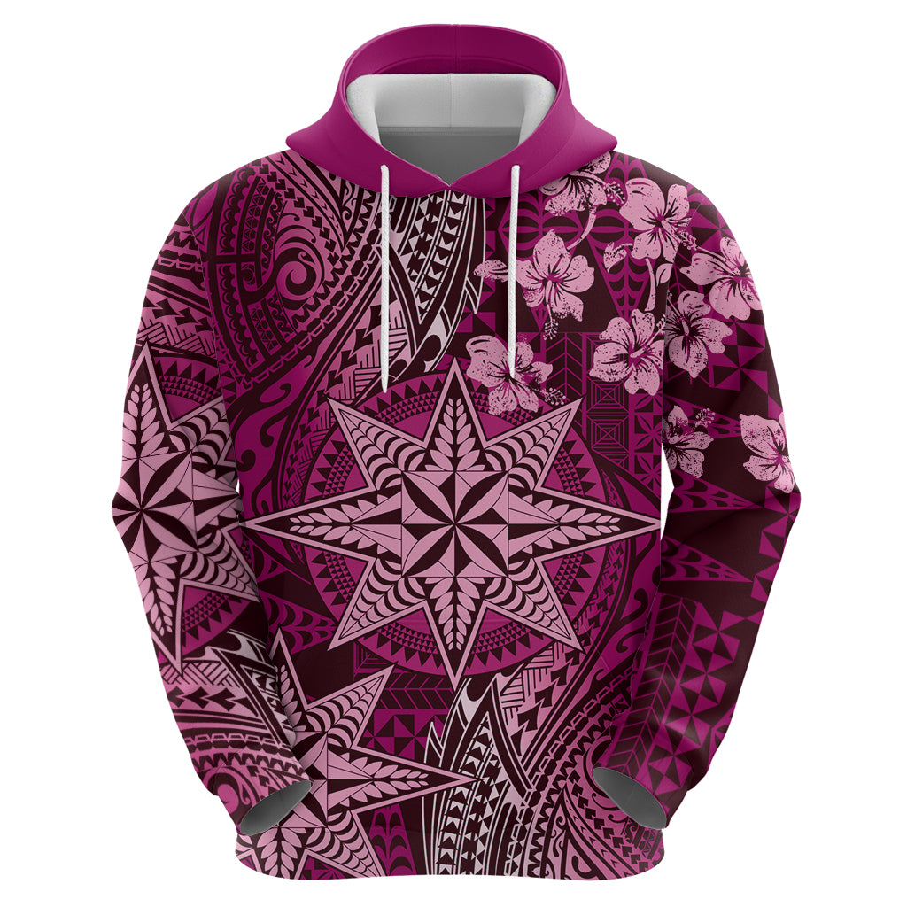 Vintage Tonga Tribal Ngatu Pattern Hoodie With Pacific Floral Pink Art LT9 - Polynesian Pride