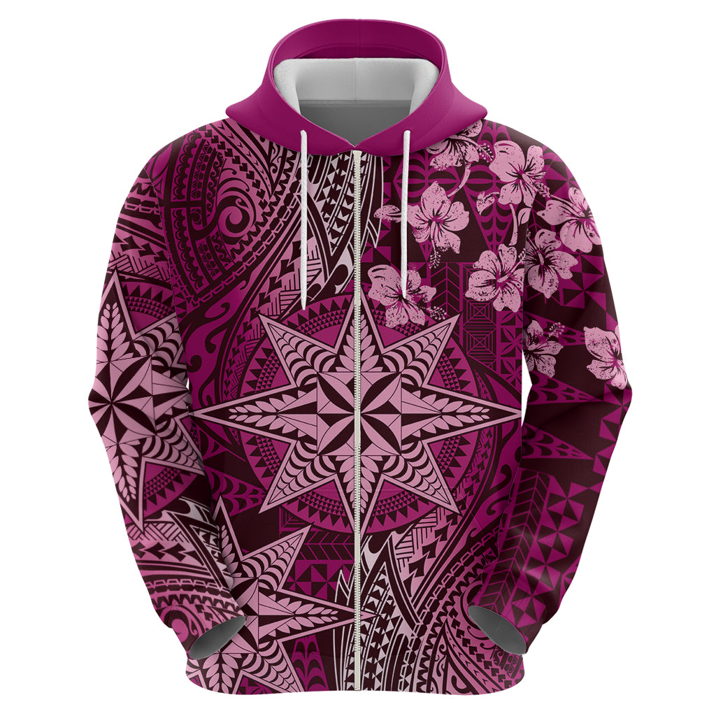 Vintage Tonga Tribal Ngatu Pattern Hoodie With Pacific Floral Pink Art LT9 - Polynesian Pride