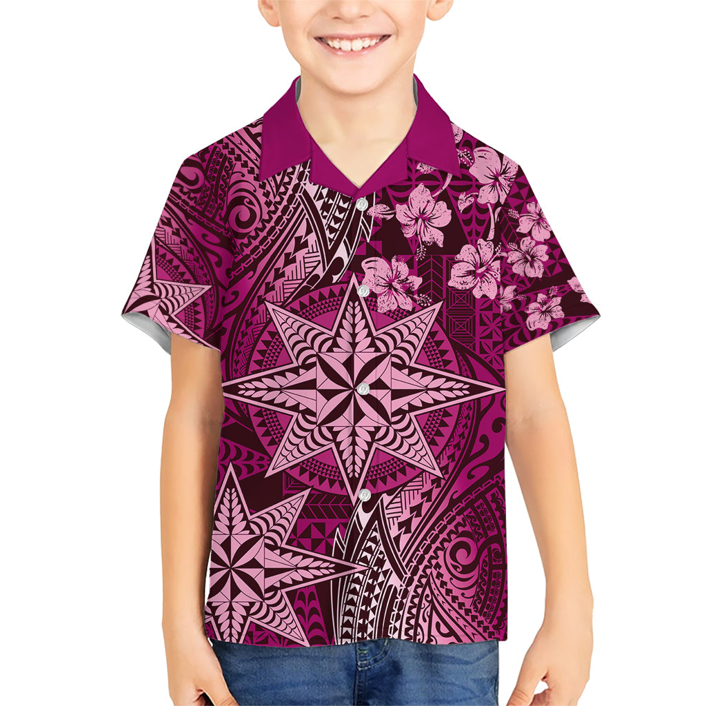 Vintage Tonga Tribal Ngatu Pattern Kid Hawaiian Shirt With Pacific Floral Pink Art LT9 Kid Pink - Polynesian Pride