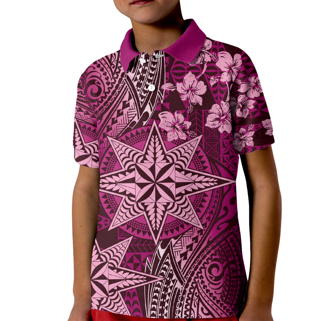 Vintage Tonga Tribal Ngatu Pattern Kid Polo Shirt With Pacific Floral Pink Art LT9 Kid Pink - Polynesian Pride