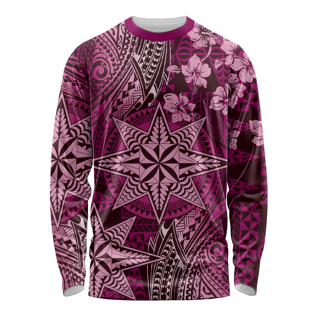 Vintage Tonga Tribal Ngatu Pattern Long Sleeve Shirt With Pacific Floral Pink Art LT9 Unisex Pink - Polynesian Pride