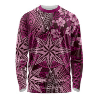 Vintage Tonga Tribal Ngatu Pattern Long Sleeve Shirt With Pacific Floral Pink Art LT9 Unisex Pink - Polynesian Pride