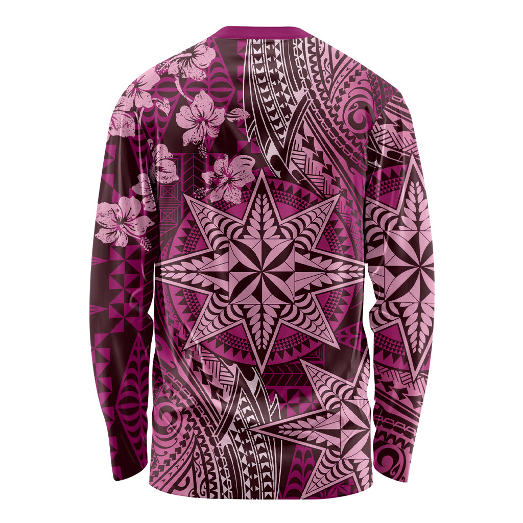 Vintage Tonga Tribal Ngatu Pattern Long Sleeve Shirt With Pacific Floral Pink Art LT9 - Polynesian Pride