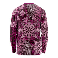 Vintage Tonga Tribal Ngatu Pattern Long Sleeve Shirt With Pacific Floral Pink Art LT9 - Polynesian Pride