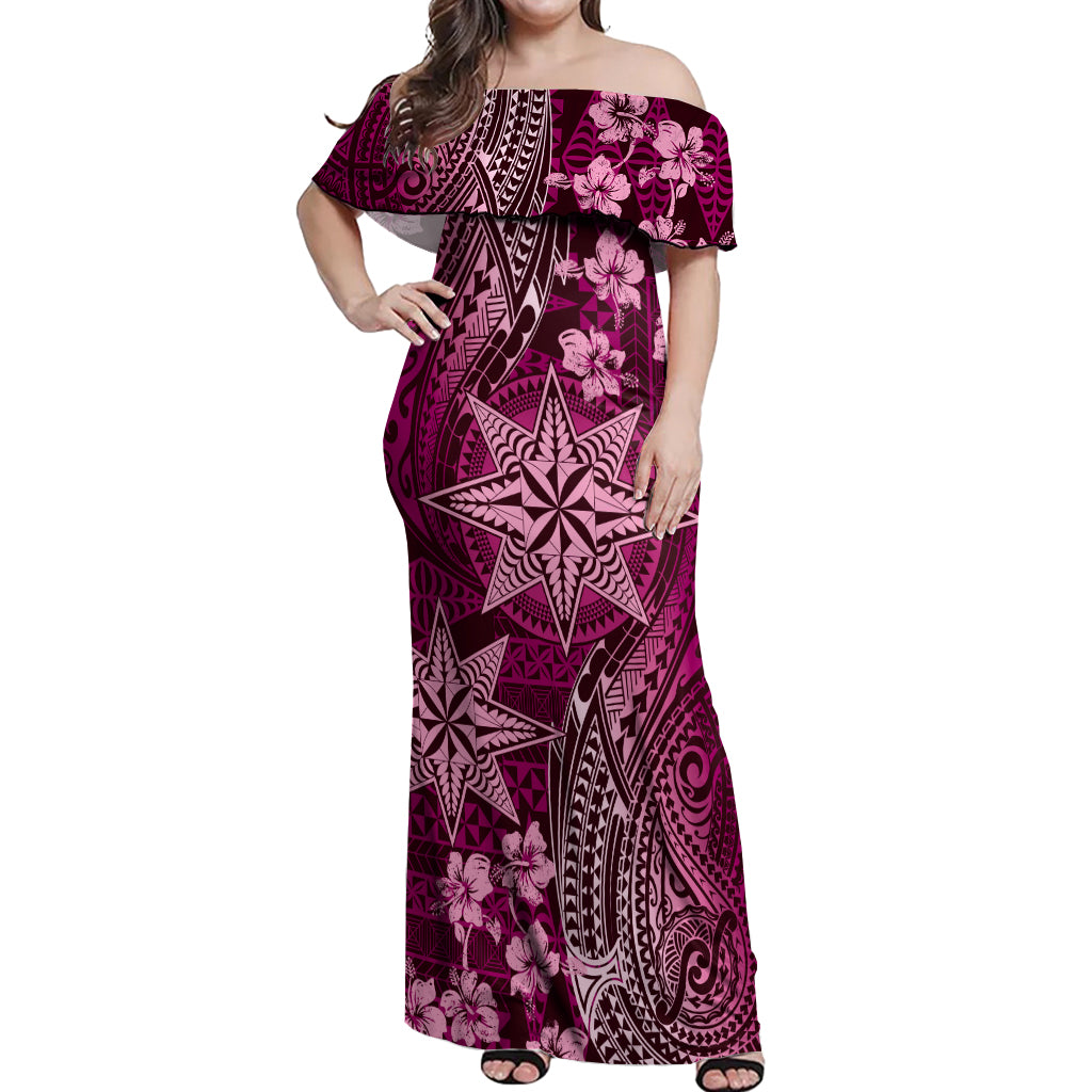 Vintage Tonga Tribal Ngatu Pattern Off Shoulder Maxi Dress With Pacific Floral Pink Art LT9 Women Pink - Polynesian Pride
