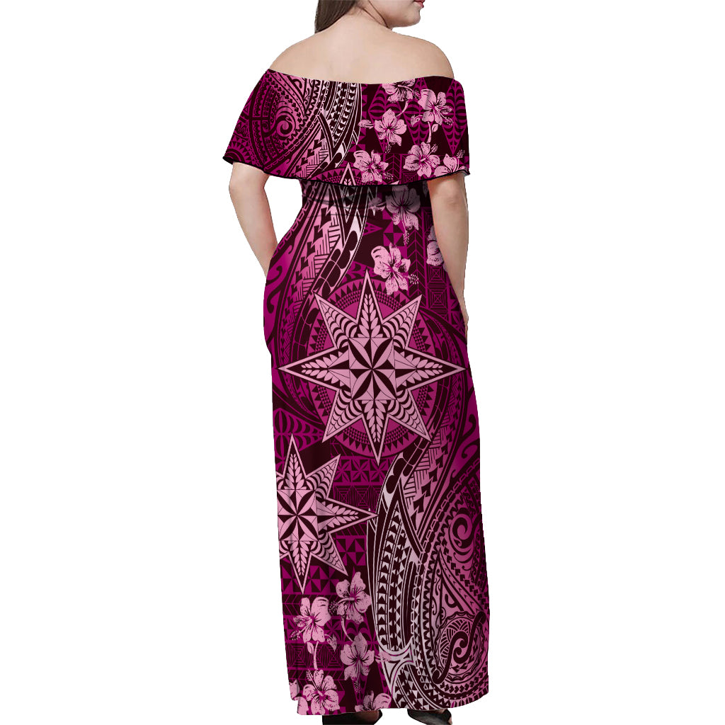 Vintage Tonga Tribal Ngatu Pattern Off Shoulder Maxi Dress With Pacific Floral Pink Art LT9 - Polynesian Pride
