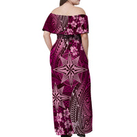 Vintage Tonga Tribal Ngatu Pattern Off Shoulder Maxi Dress With Pacific Floral Pink Art LT9 - Polynesian Pride