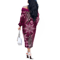 Vintage Tonga Tribal Ngatu Pattern Off The Shoulder Long Sleeve Dress With Pacific Floral Pink Art LT9 - Polynesian Pride