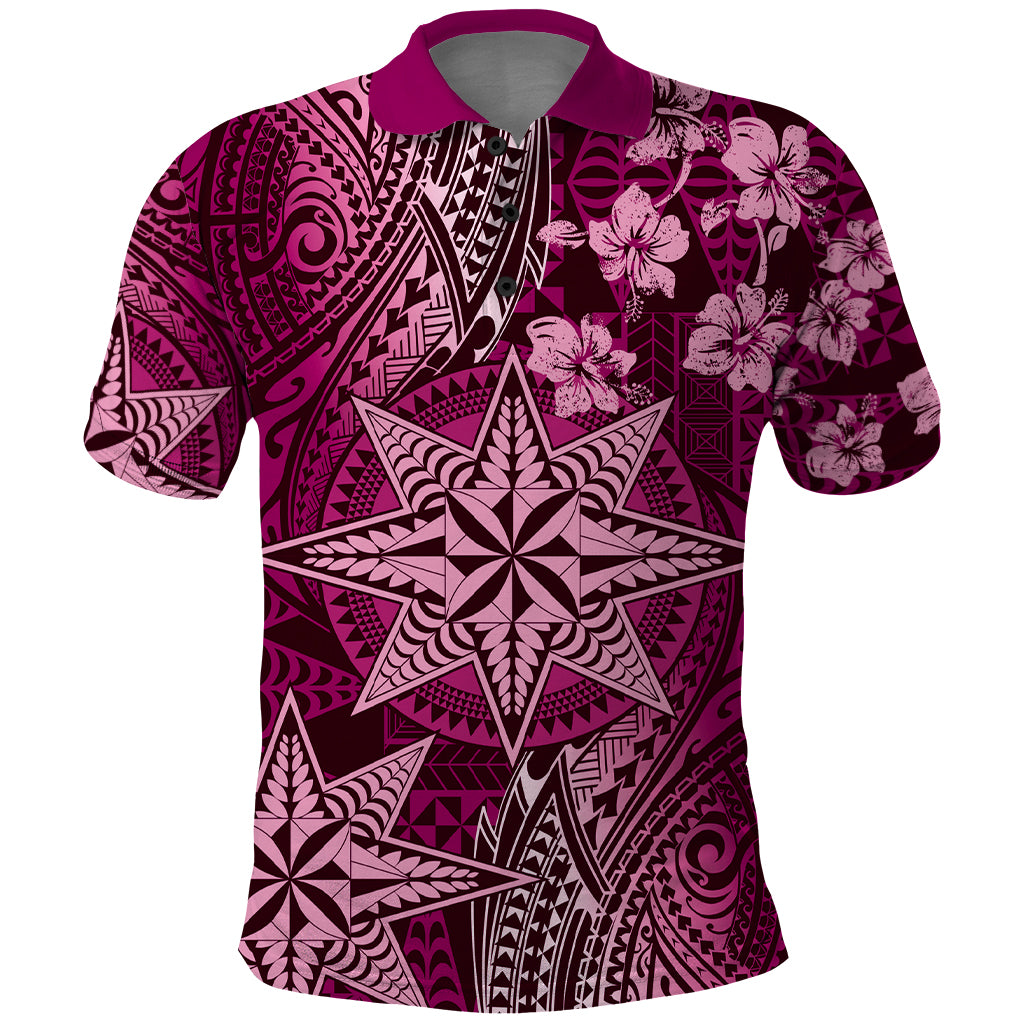 Vintage Tonga Tribal Ngatu Pattern Polo Shirt With Pacific Floral Pink Art LT9 Pink - Polynesian Pride