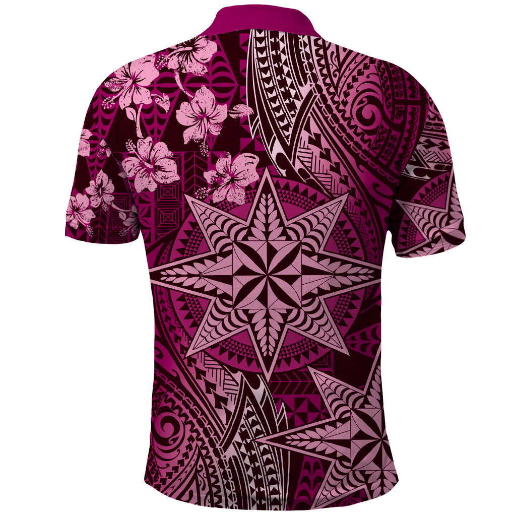 Vintage Tonga Tribal Ngatu Pattern Polo Shirt With Pacific Floral Pink Art LT9 - Polynesian Pride