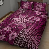 Vintage Tonga Tribal Ngatu Pattern Quilt Bed Set With Pacific Floral Pink Art LT9 - Polynesian Pride